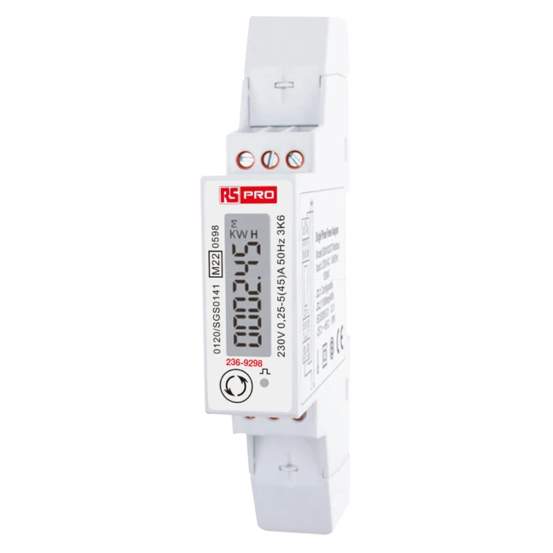 RS PRO 1 Phase Energy Meter with LCD Backlight, Pulse Output, RS485 Modbus, 45A Load Capacity 236-9298