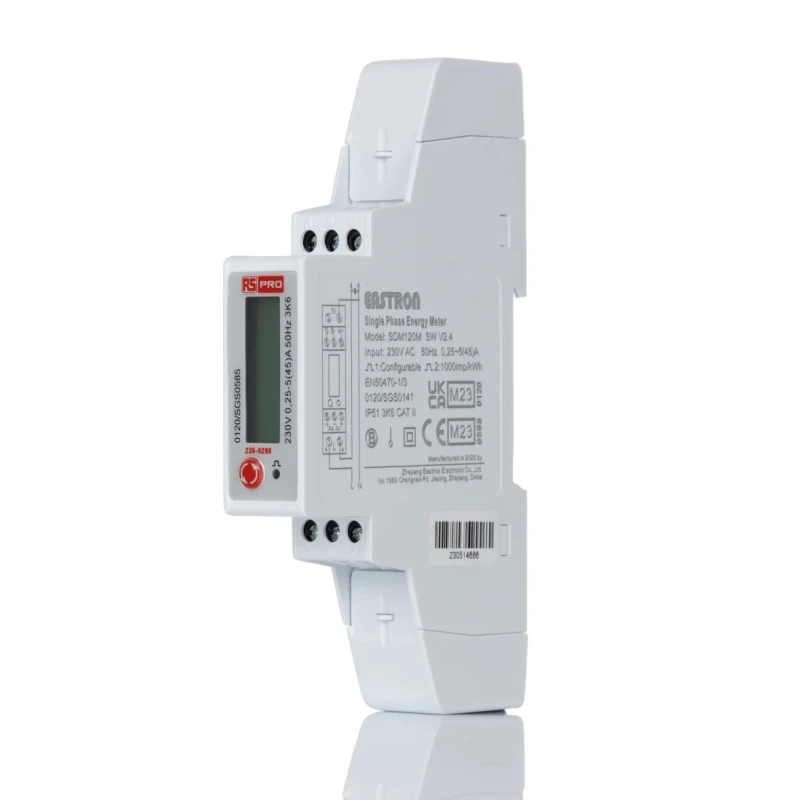 RS PRO 1 Phase Energy Meter with LCD Backlight, Pulse Output, RS485 Modbus, 45A Load Capacity 236-9298