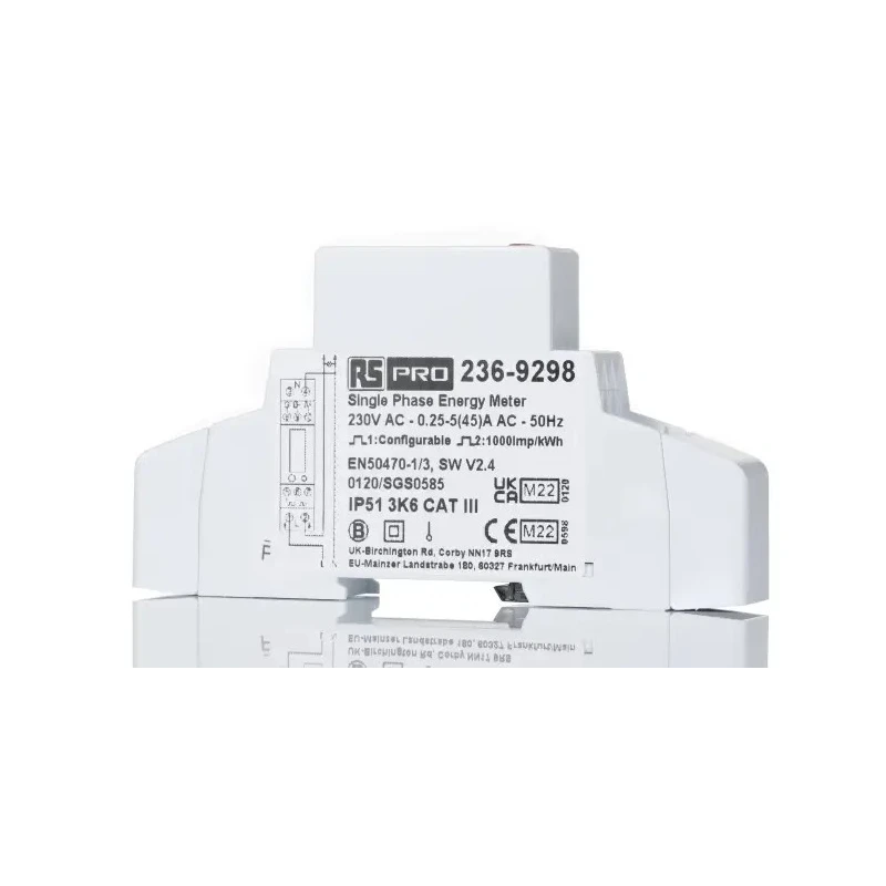 RS PRO 1 Phase Energy Meter with LCD Backlight, Pulse Output, RS485 Modbus, 45A Load Capacity 236-9298