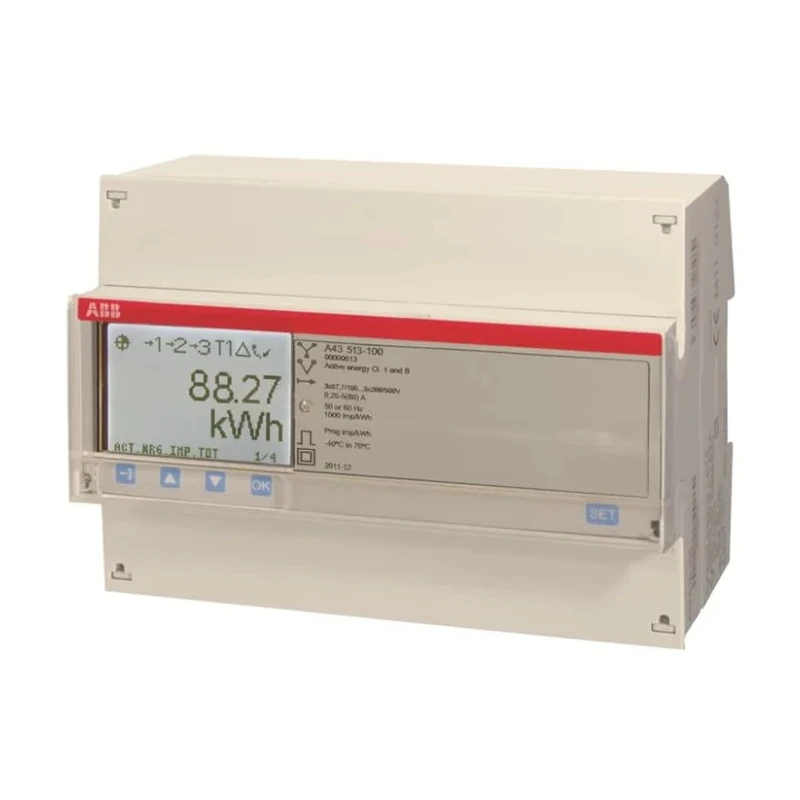 ABB 3 Phase Direct Connected LCD Energy Meter Type A43 with 4 Inputs and 4 Outputs 2CMA170532R1000 A43 TRI MBUS 80A PLATIN