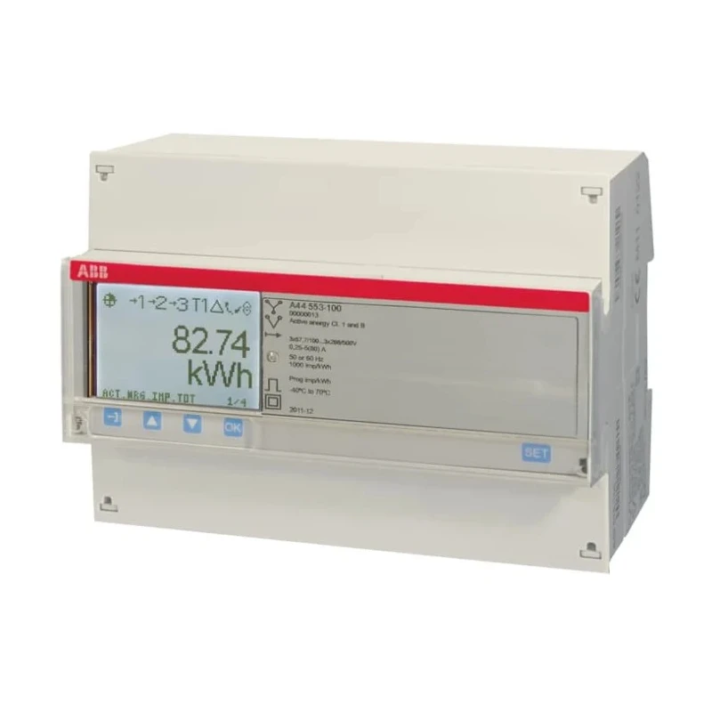 ABB 3 Phase Transformer Connected LCD Energy Meter 4 x I/O Channels 57.7 to 288V 2CMA170546R1000 A44 TRI MBUS 6A TC PLATI