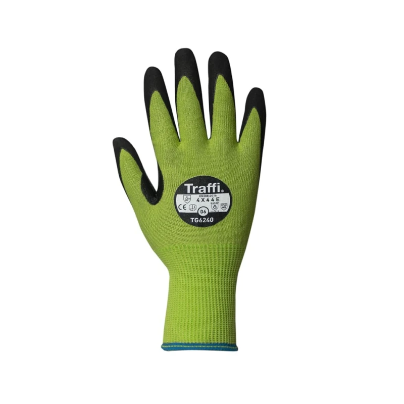 Traffi Cut Resistant Gloves Black Green Elastane Fibreglass HPPE Nylon Polyester Steel Nitrile Coated Size 8 TG6240
