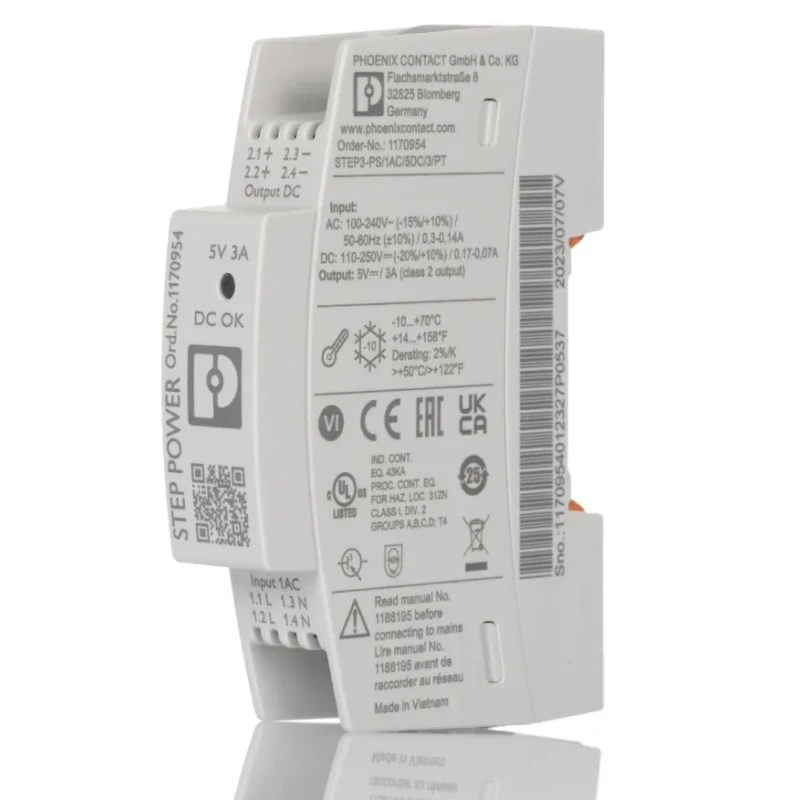 Phoenix Contact STEP POWER Series Switched Mode DIN Rail Power Supply 240V AC Input 5V DC 3A Output 15W 1170954