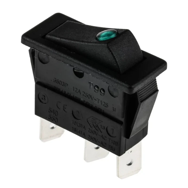 Arcolectric (Bulgin) Ltd Illuminated SPST On-Off Rocker Switch Panel Green Rectangular Actuator 16A 125V AC 85°C C5503PLLAB