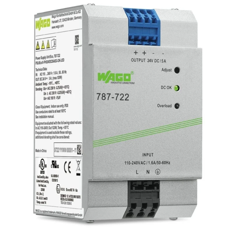 WAGO 787 Switched Mode DIN Rail Power Supply 230V AC/DC Input 24V DC, 5 A Output, 120W Power 787-722