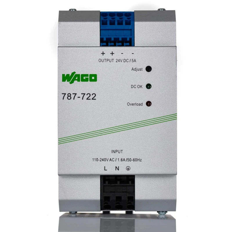 WAGO 787 Switched Mode DIN Rail Power Supply 230V AC/DC Input 24V DC, 5 A Output, 120W Power 787-722