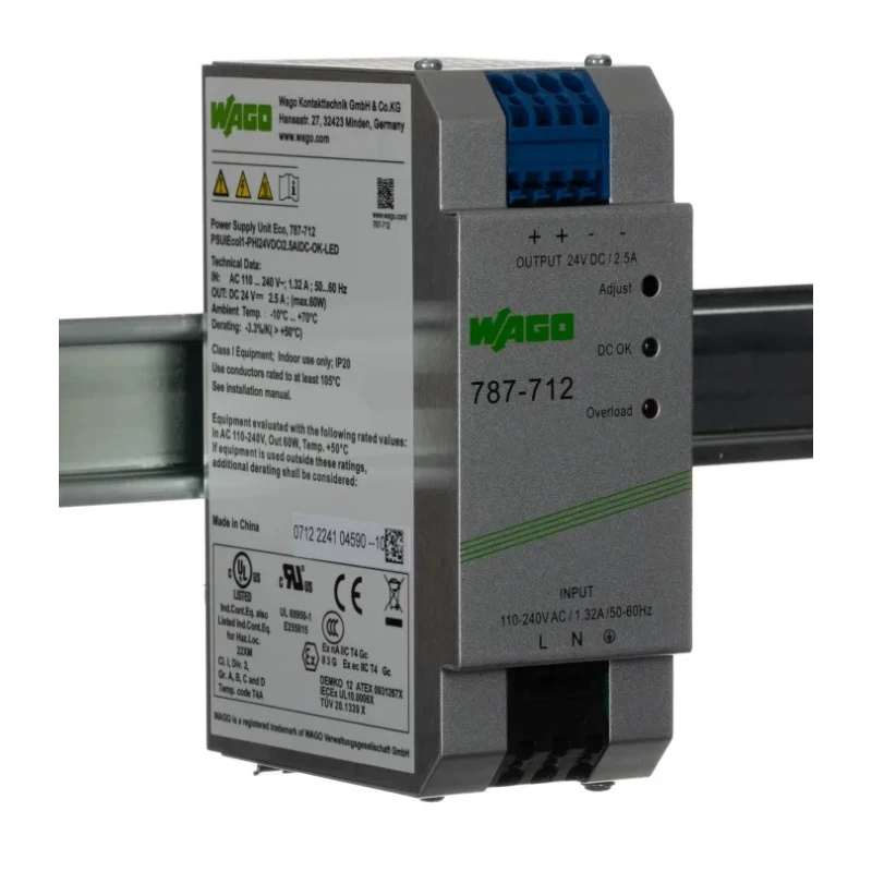 WAGO Switched Mode DIN Rail Power Supply 230V AC/DC Input 24V DC, 2.5A Output, 60W 787-712