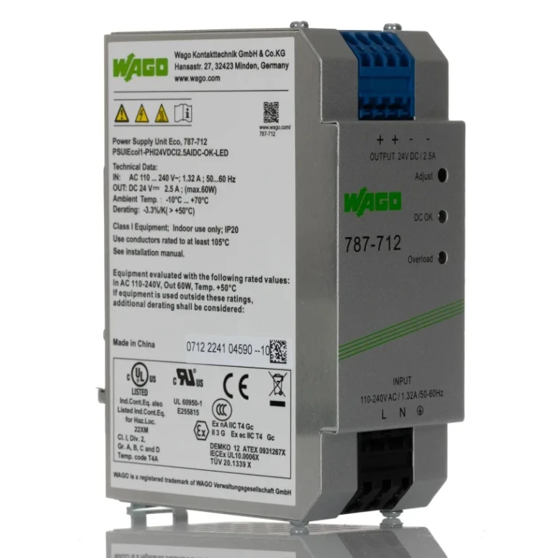 WAGO Switched Mode DIN Rail Power Supply 230V AC/DC Input 24V DC, 2.5A Output, 60W 787-712