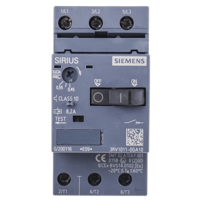 Siemens Motor Protection Circuit Breaker 450mA, 630mA, 3 Poles, 690V, IP20, -20°C to 60°C 3RV1011-0GA10
