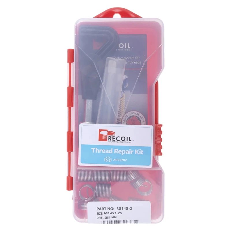 Recoil 10 Piece Thread Repair Kit with HSS Tap, Drills, Tang Break Tools, Stainless Steel Inserts 38142