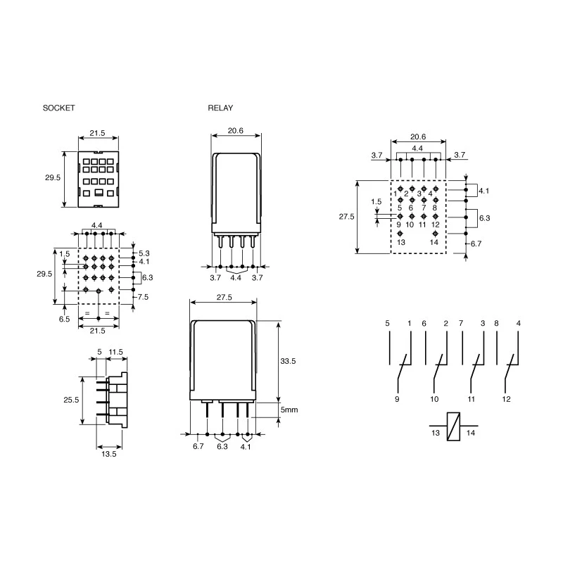 Finder PCB Power Relay 110V AC Coil 7A Switching Current 4PDT 55.14.8.110.0000