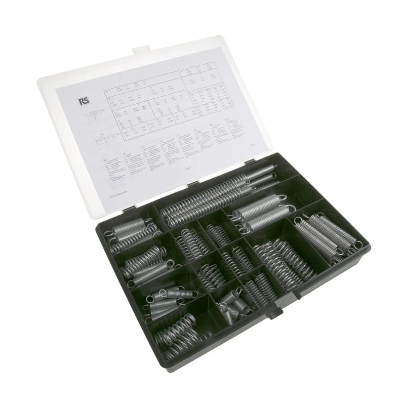 RS PRO Zinc Plated Steel Extension and Compression Spring Kit 110 Pieces Maximum Length 203mm Minimum Length 43mm 687-556