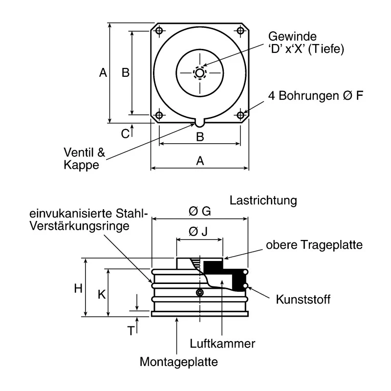 Fabreeka Pneumatic Anti-Vibration Mount with M12 Thread, 105 mm Diameter, 65 mm Height, Load 136kg, PLM3