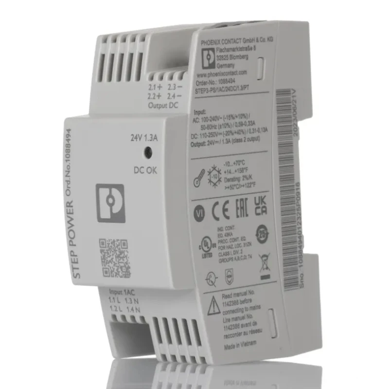 Phoenix Contact STEP POWER Switched Mode DIN Rail Power Supply 24V DC, 1.3A Output, 30W, 100-240V AC Input, Model 1088494