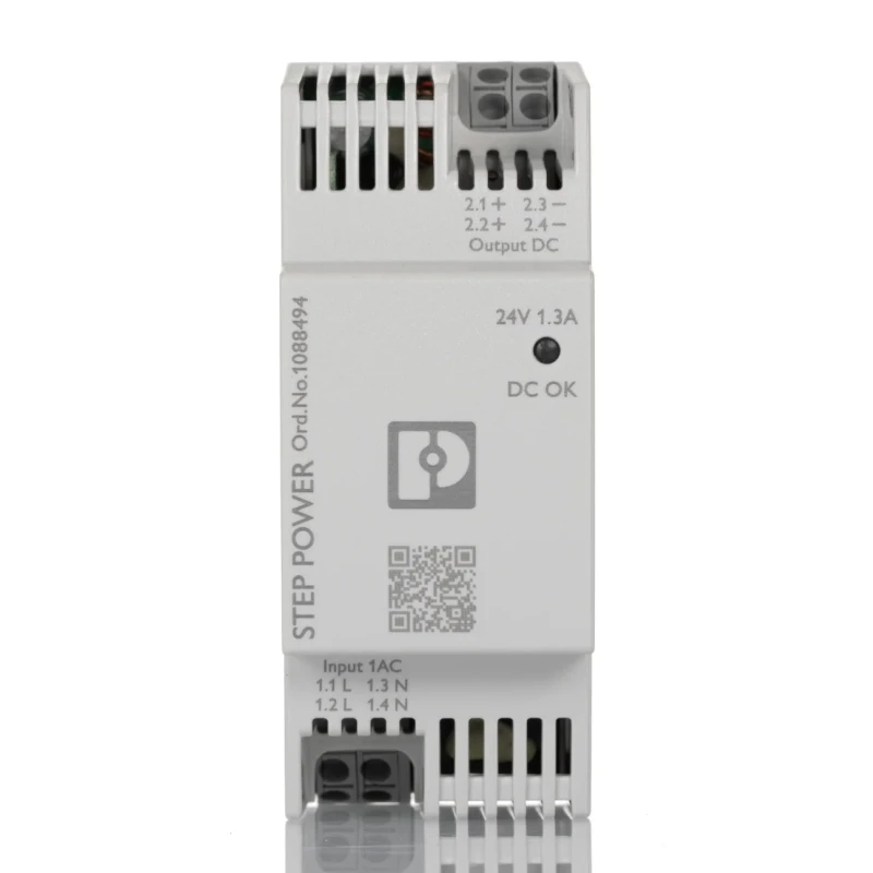 Phoenix Contact STEP POWER Switched Mode DIN Rail Power Supply 24V DC, 1.3A Output, 30W, 100-240V AC Input, Model 1088494