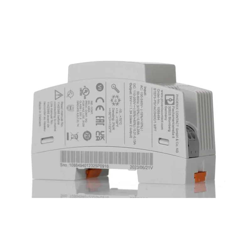 Phoenix Contact STEP POWER Switched Mode DIN Rail Power Supply 24V DC, 1.3A Output, 30W, 100-240V AC Input, Model 1088494