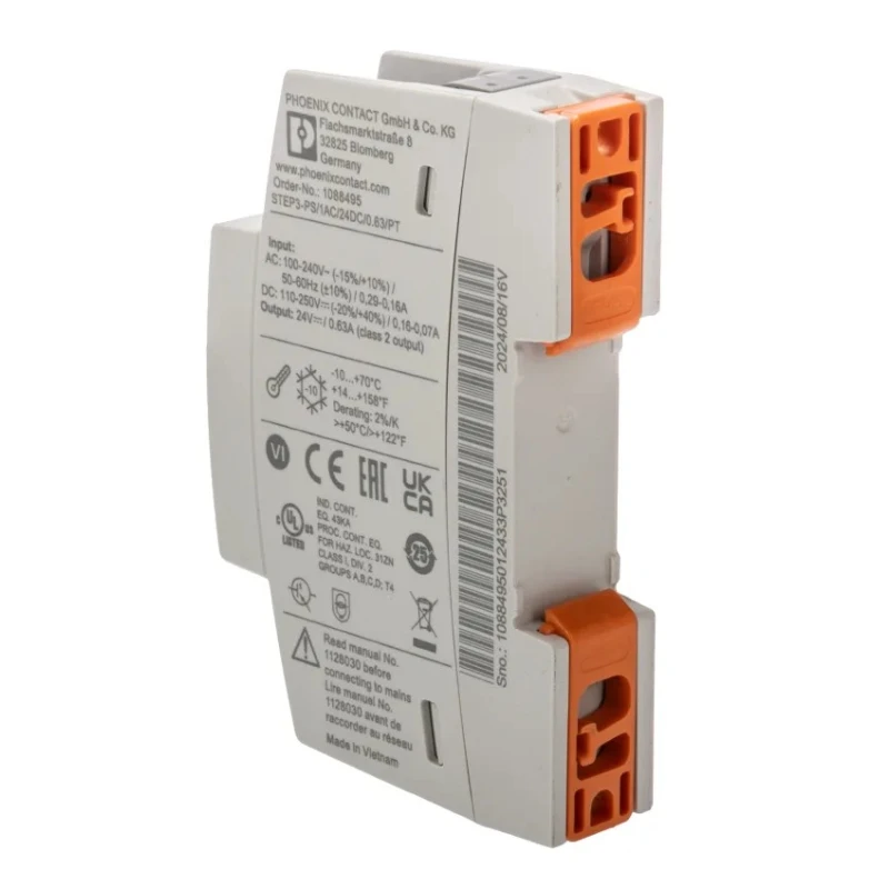Phoenix Contact STEP POWER Switched Mode DIN Rail Power Supply 1 Phase 250V AC Input 24V DC 15W 630mA Output 1088495