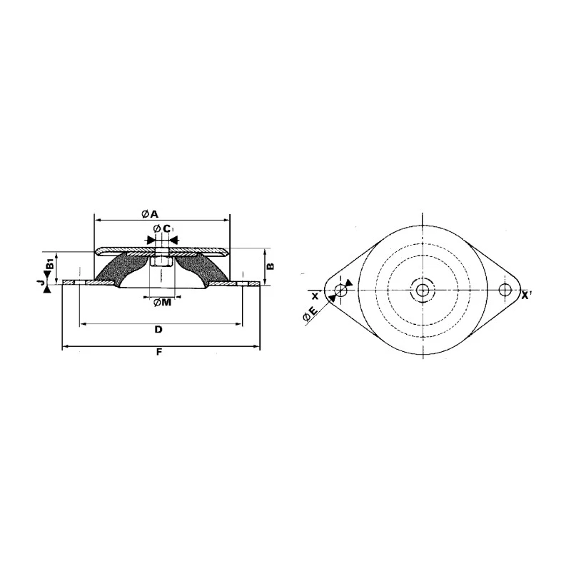 Paulstra Hutchinson Round M6 Anti-Vibration Mount Female Buffer Foot, 6mm Bore, 60 mm OD, 24 mm H 53366175
