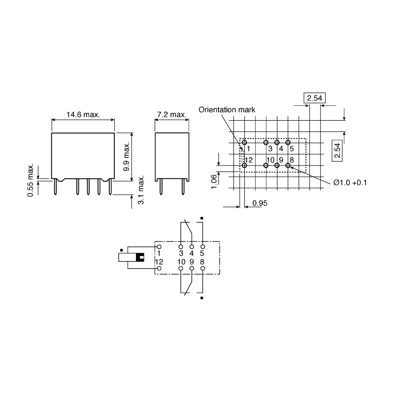 TE Connectivity PCB Signal Relay 12V dc Coil 2A DPDT V23079A1003B301