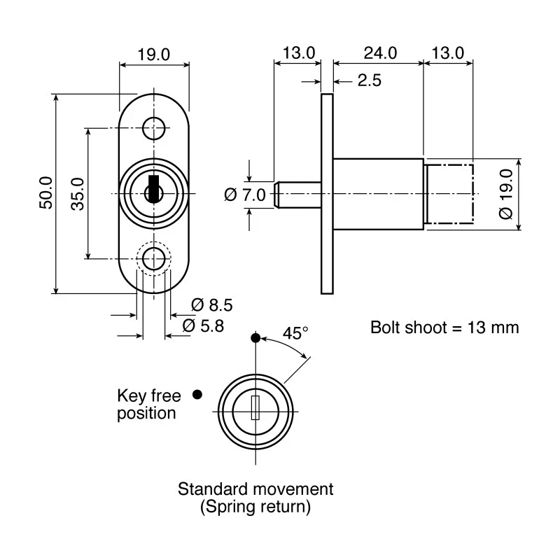 Euro-Locks a Lowe & Fletcher group Company Sliding Door Lock Keyed, 24 mm Panel-to-Tongue, 19 mm Cutout, Chrome 5663502