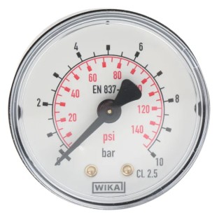 WIKA Industrial Pressure Gauge 50 mm Dial Size 10 bar Maximum Pressure Accuracy ±2.5% Plastic Case White Dial 8587699