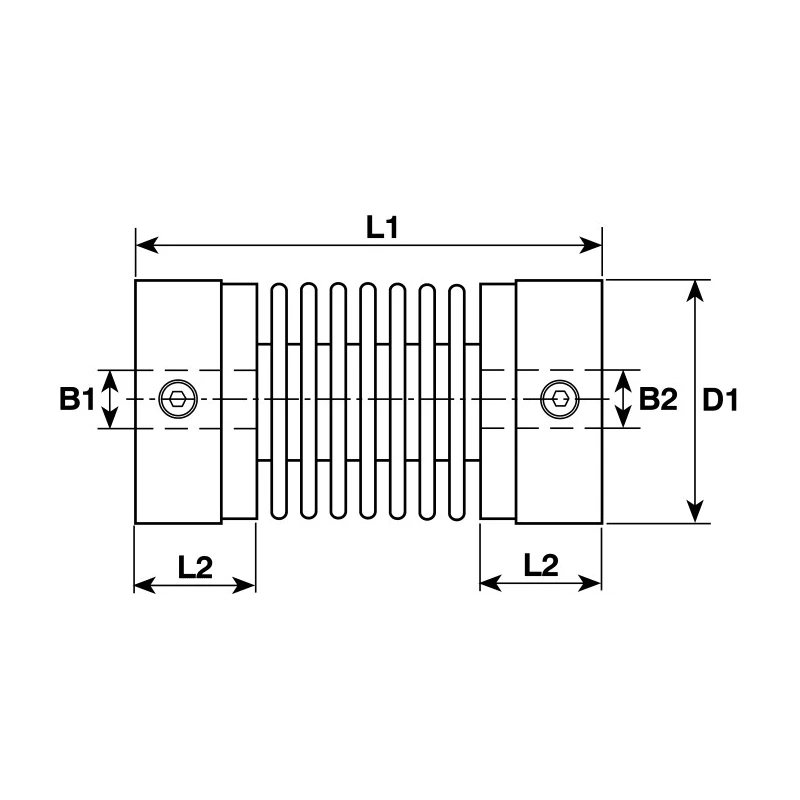 Huco Flexible Nickel Bellows Coupler 25 mm OD, 35 mm Bore A, 36 mm Bore B, 33 mm Length, Screw Style 321.25.3536