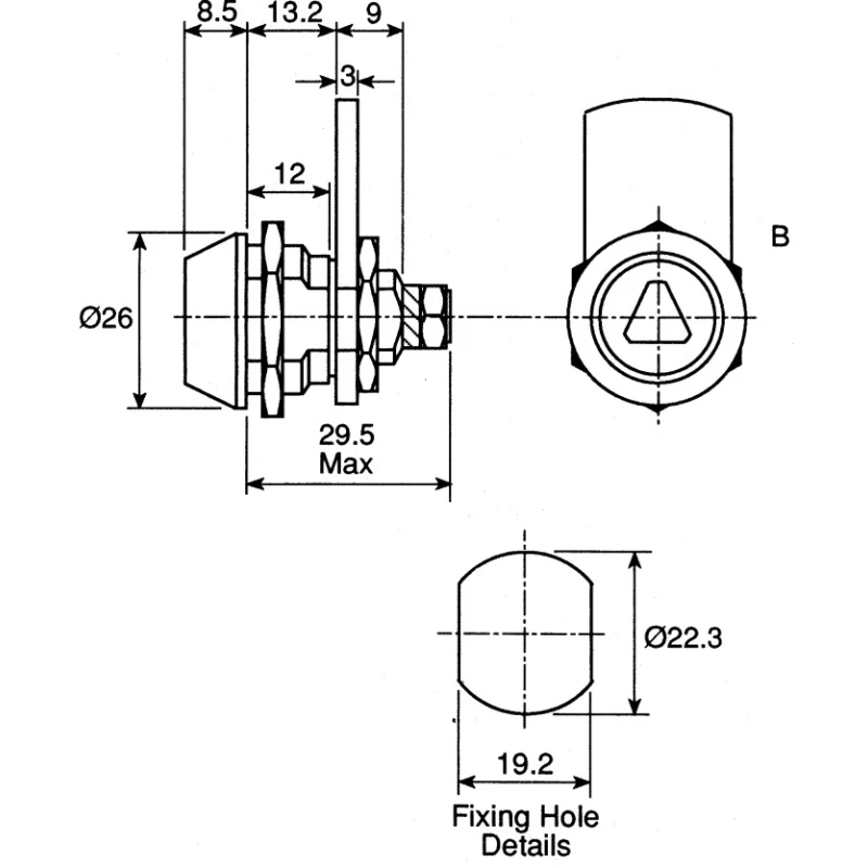 Euro-Locks a Lowe & Fletcher group Company Camlock Triangular Key 8mm Size Galvanized Chrome Finish 80054-0100CA