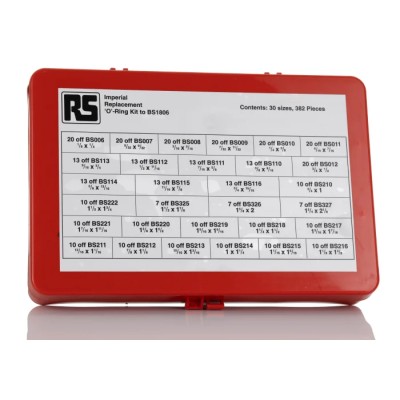 RS PRO Imperial O-Ring Kit Viton Material 382 Pieces Operating Temp 30°C to 200°C 75 Shore Hardness 756-040