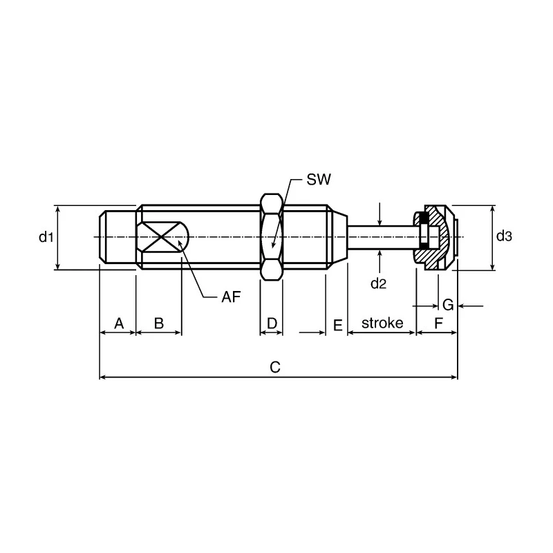 ACE Shock Absorber, M20 x 1.5 Thread Size, 87.4 mm Body Length, 117.4 mm Overall Length, 19.05 mm Stroke Length SC300M-3