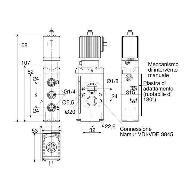 Burkert Pneumatic Solenoid Valve Pilot/Spring 1/4 in G NAMUR Manifold Threaded Mount Type Wall DIN Rail 24V ac/dc 133046