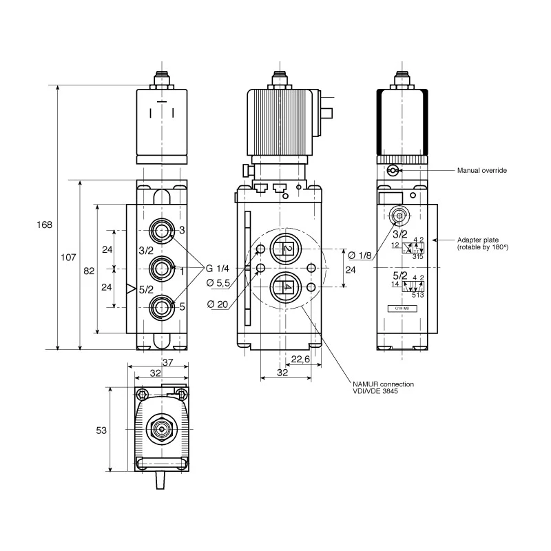 Burkert Pneumatic Solenoid Valve Pilot/Spring 1/4 in G NAMUR Manifold Threaded Mount Type Wall DIN Rail 24V ac/dc 133046
