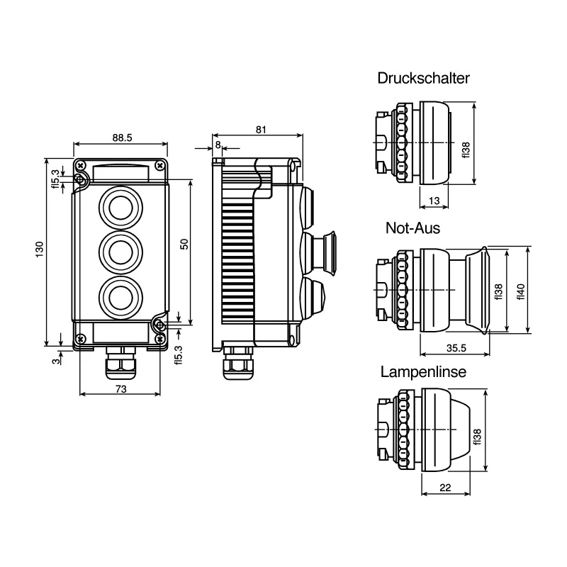 Bartec Control Station Switch SPDT Cutout Diameter 22mm IP67, IP66 Operating Temperature -55°C to 60°C 07-3513-10P74LGGN84