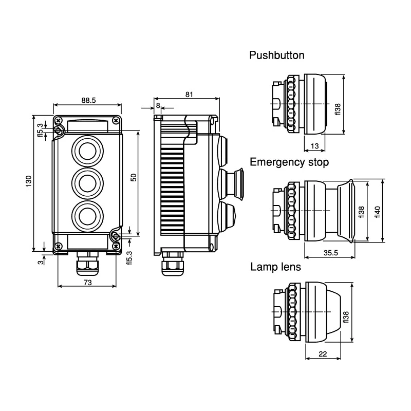 Bartec Control Station Switch SPDT Cutout Diameter 22mm IP67, IP66 Operating Temperature -55°C to 60°C 07-3513-10P74LGGN84