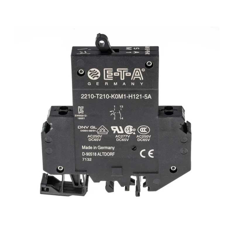 ETA 2210 Thermal Circuit Breaker 1-Pole DIN Rail Mount 5A Current Rating 65V DC 25A Breaking Capacity 2210-T210-K0M1-H121-5A