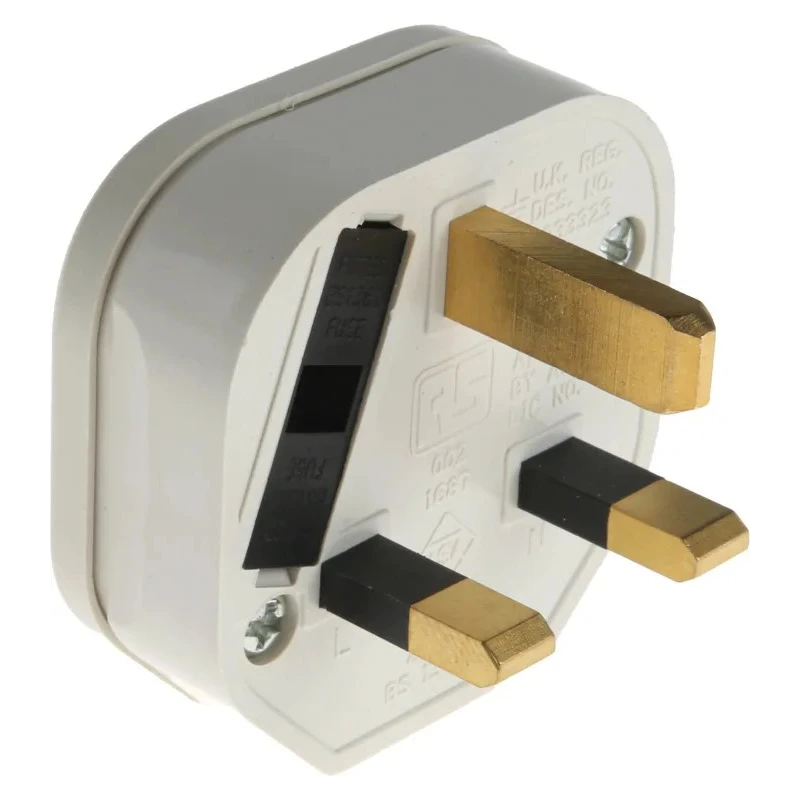 RS PRO 13A 250V UK Mains Plug White Thermoplastic Body Clamp 854-403