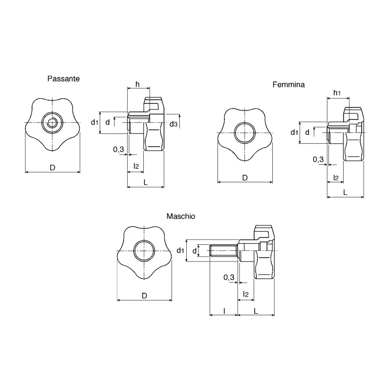 Elesa High Resilience Polypropylene Multiple Lobes Clamping Knob Threaded Through Hole Black 63 mm Diameter 70017