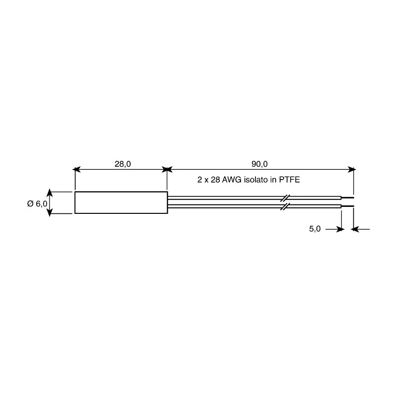 Assemtech Cylindrical Polystyrene Body Reed Switch with Wire Terminals 175V AC 0.25A S1371