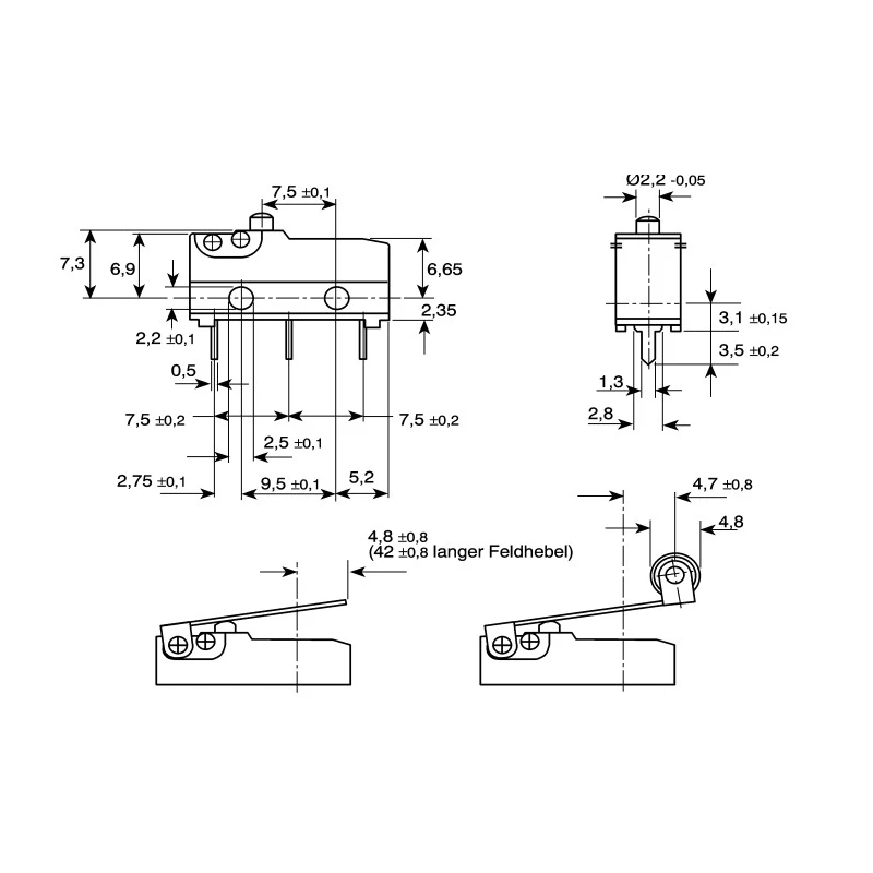ZF Button Micro Switch with Solder Terminal, SPDT Contact, 10.1A Current, 250 V AC, IP50 Protection DB2C-A1AA