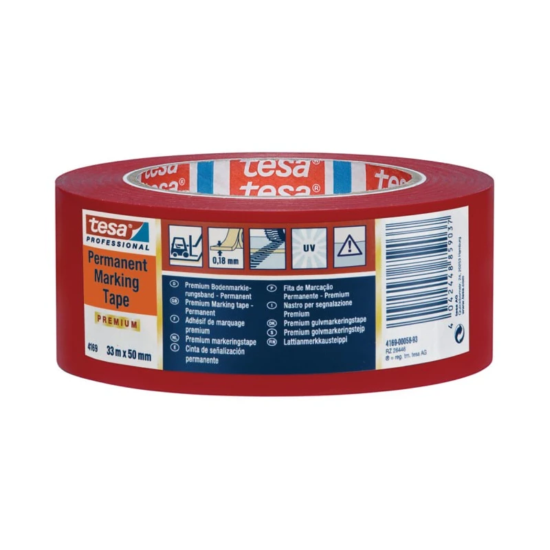Tesa Red Self-Adhesive Lane Marking Tape 50mm Width x 0.18 mm Thickness x 33 m Length 04169-00059-94