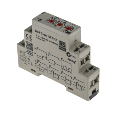 Broyce Control RS PRO DIN Rail Timer Relay 1-Contact SPDT 230 V dc/ac 24 V ac 0.1 s to 100 h Multifunction RS PRO 102-6122