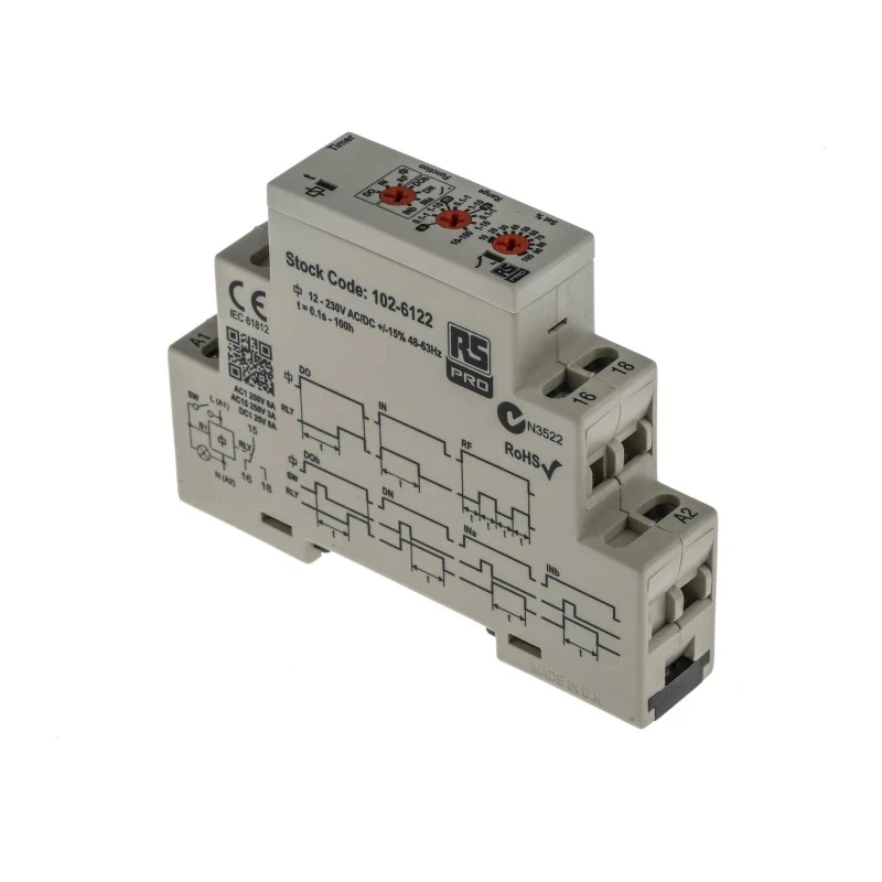 Broyce Control RS PRO DIN Rail Timer Relay 1-Contact SPDT 230 V dc/ac 24 V ac 0.1 s to 100 h Multifunction RS PRO 102-6122