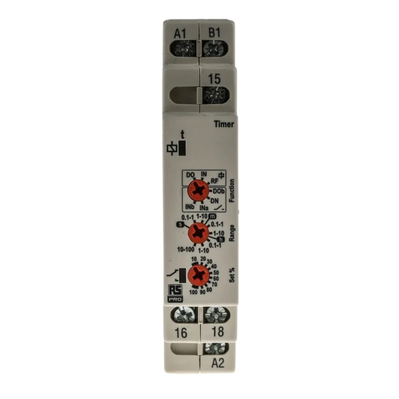 Broyce Control RS PRO DIN Rail Timer Relay 1-Contact SPDT 230 V dc/ac 24 V ac 0.1 s to 100 h Multifunction RS PRO 102-6122