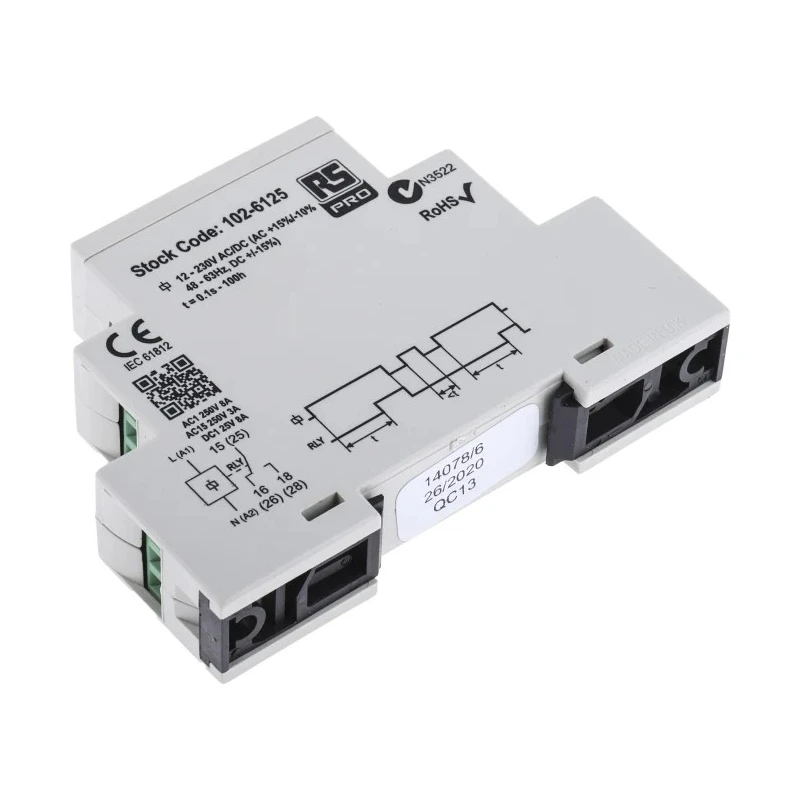 RS PRO DIN Rail Timer Relay 12 to 230 V AC/DC Multifunction DPDT Switch 0.1 s to 100 h 102-6125