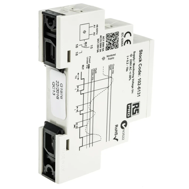 RS PRO Monitoring Relay 1 Phase SPDT DIN Rail Mount 230V AC 25V AC 102-6131