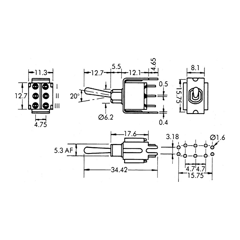 APEM Toggle Switch PCB Mount On-On DPST Through Hole Terminal 220V 15.75mm 98199/13