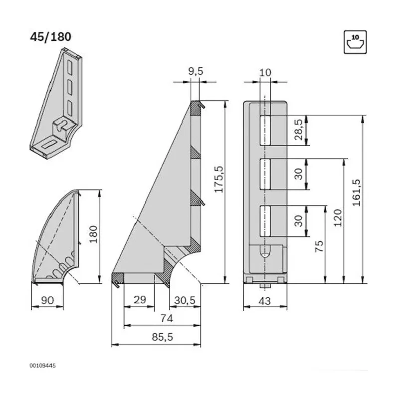 Bosch Rexroth Black Polypropylene Angle Bracket Cap Compatible With 45 x 180 mm Strut Profile 10 mm Groove 3842548867