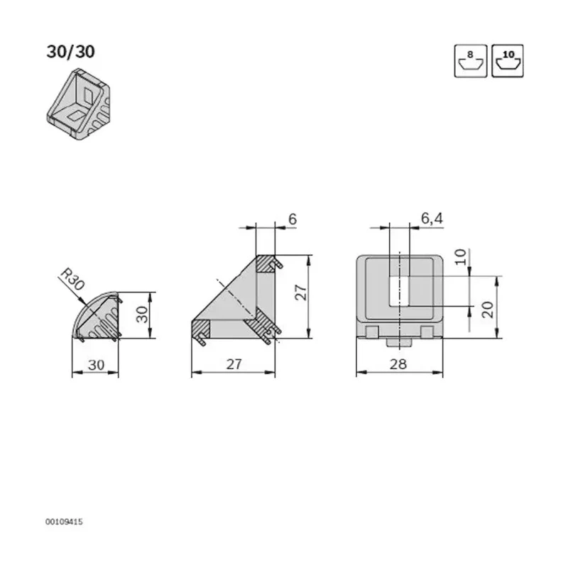 Bosch Rexroth Black Polypropylene Angle Bracket Cap 30 mm Strut Profile 8 mm Groove 3842548847