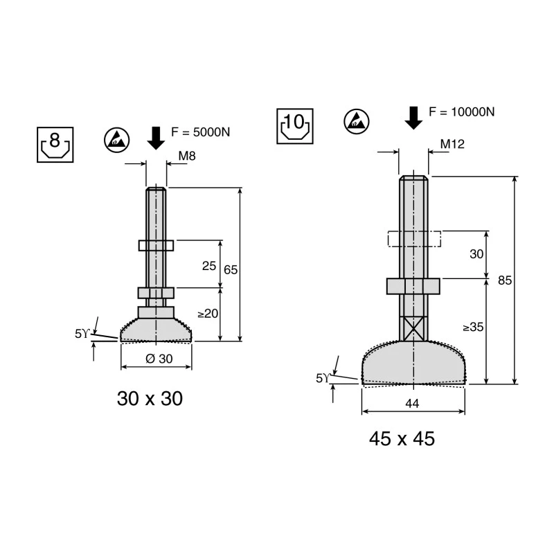 Bosch Rexroth M8 Thread Galvanised Steel Adjustable Foot 10 to 8 mm² Groove 3842502257