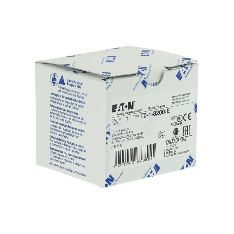 Eaton Cam Switch 2 Position 90° Toggle Actuator 20A 690V AC Flush Mount 067352 T0-1-8200/E