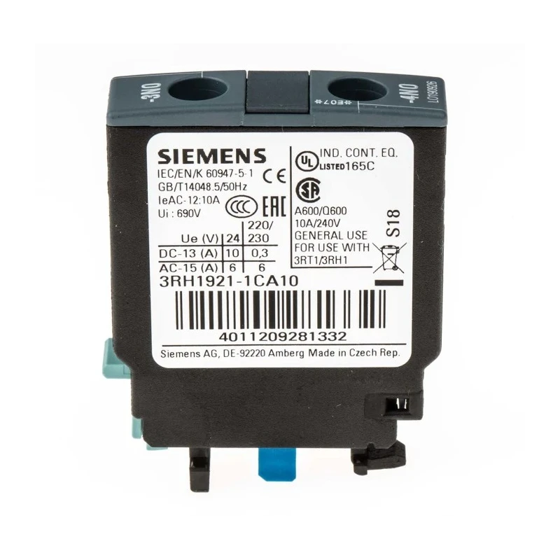Siemens Auxiliary Contact 1 Contact 1 NO Snap-On Mount 1A 690V 3RH1921-1CA10